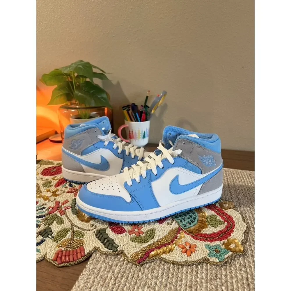 Jordan 1 Mid UNC University Blue Wolf Grey White Powder Obsidian DX9276 100 - Picture 1 of 8